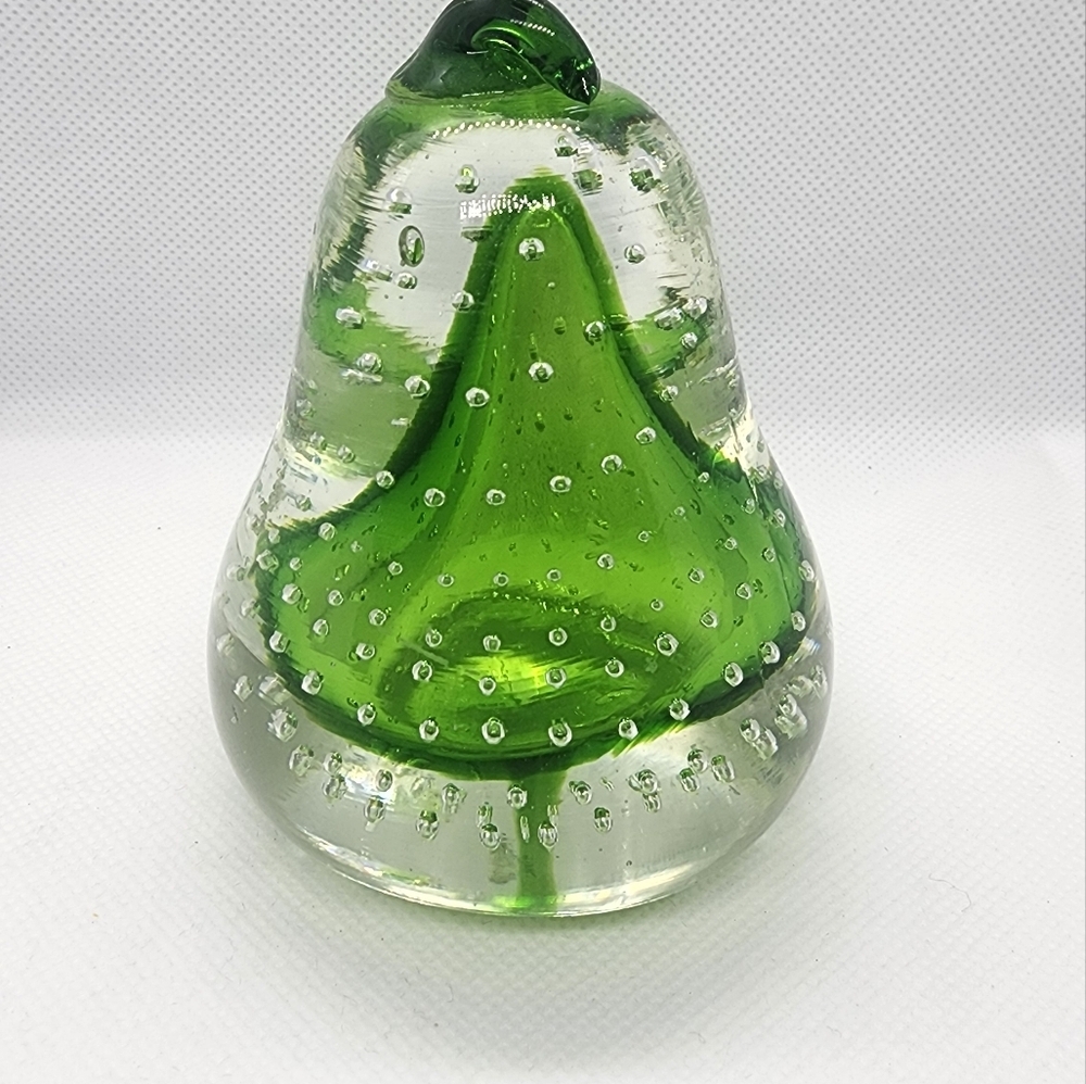 Glass Paperweight Pear Shape Green & Clear Glass with Air Bubbles - Picture 6 of 10
